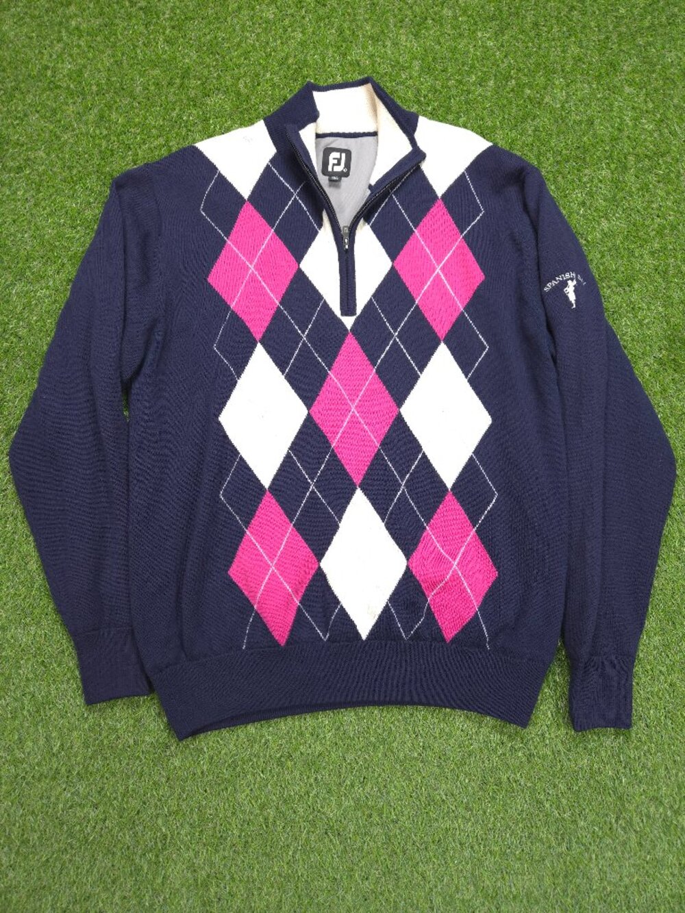 FootJoy FJ 1/4 Zip Sweater Mens Large Argyle Blue Pink White Pullover Golf Logo